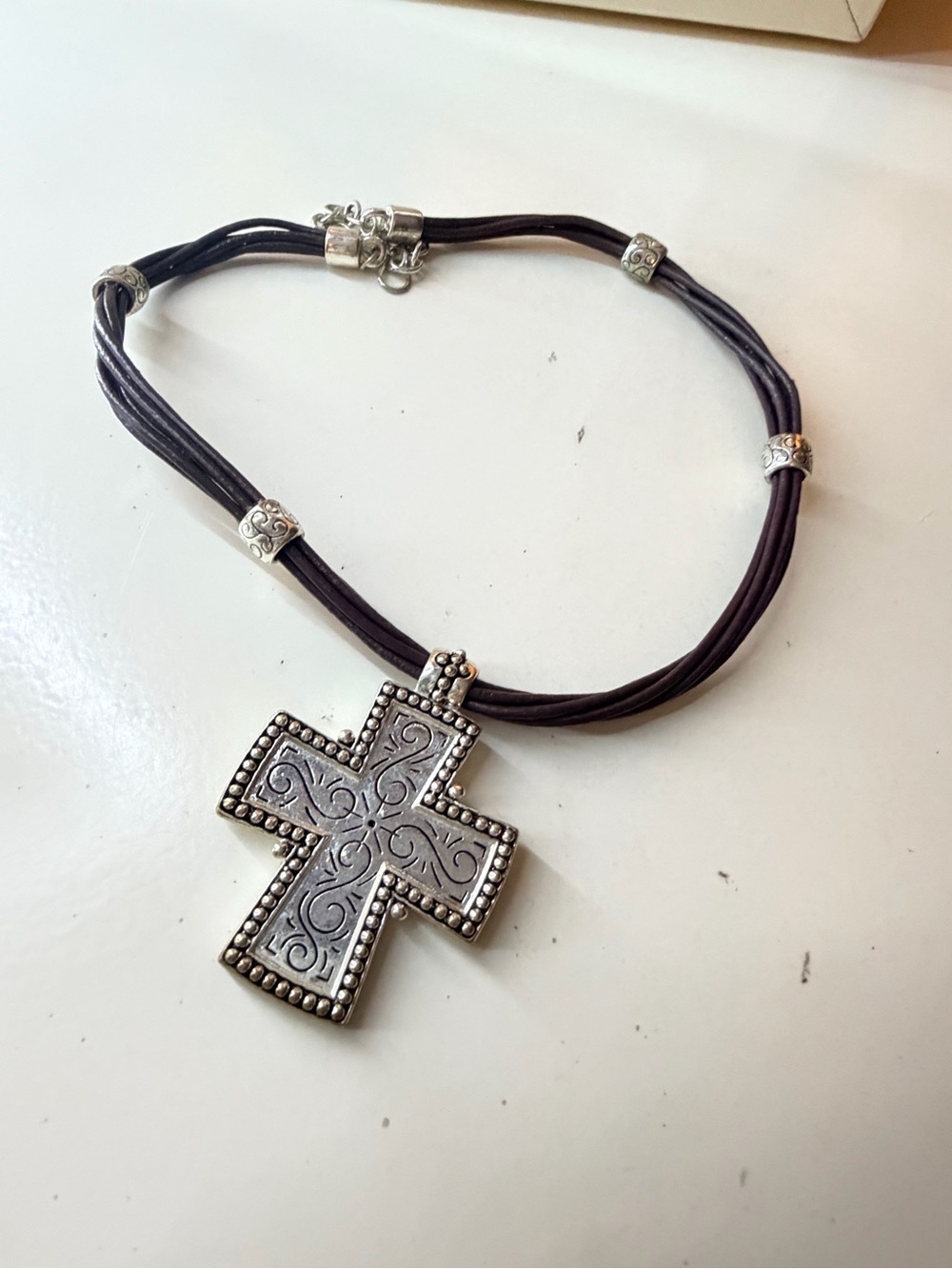 Silver Cross Pendant Necklace with Black Cord